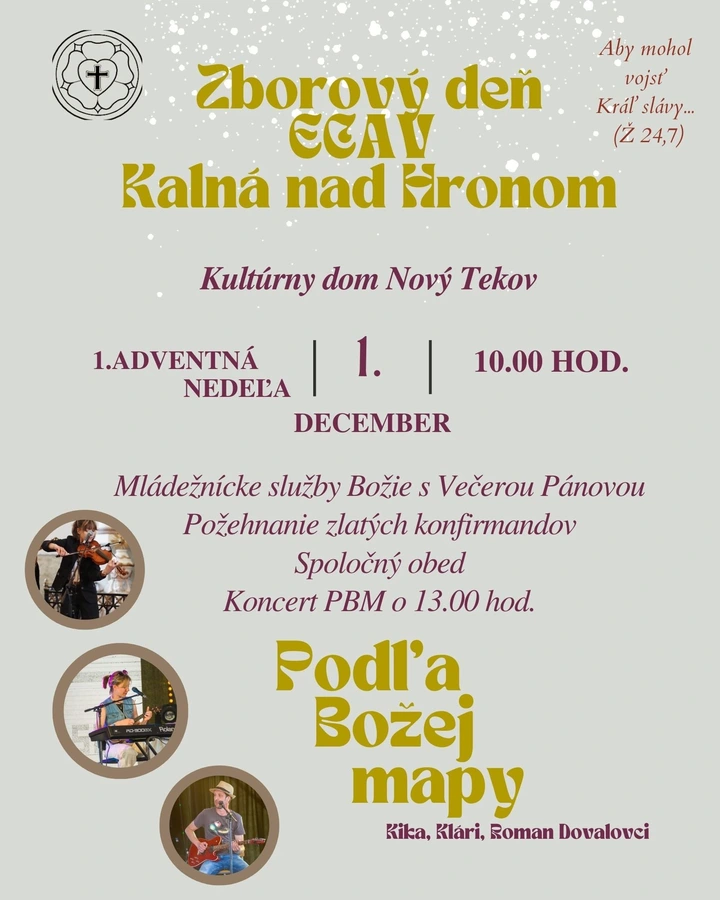 Bohoslužby 1.12.2024 - zborový deň, zlatí konfirmandi, koncert Dovalovcov